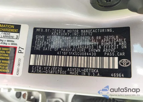 2012 Toyota Camry Se z USA, uszkodzony, nr VIN 4T1BF1FK5CU084430